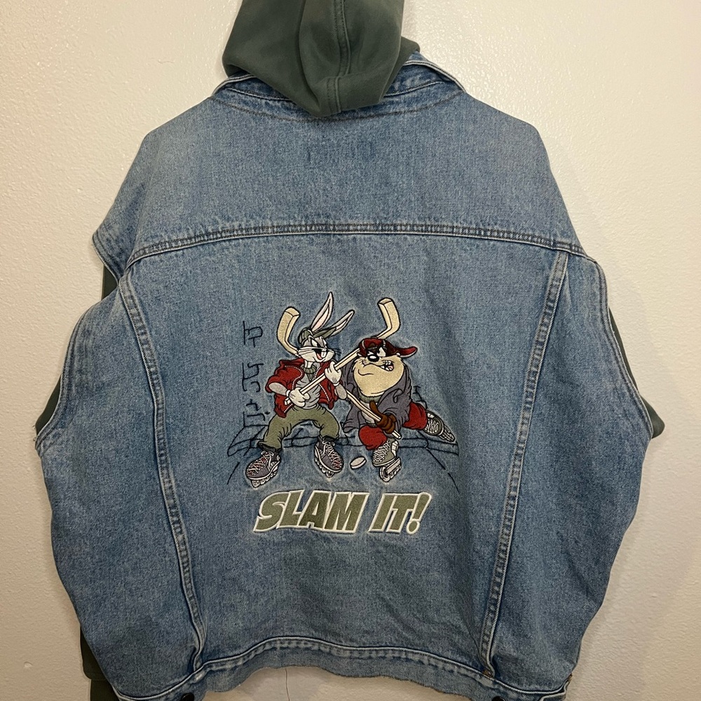 Men LOONEY TUNES Green Hoodie Sweat Jacket w/ Denim Vest Embroidery Bugs/Taz XL